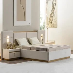 Luxury Turkish Style Fabric Bed with Integrated Headboard Lighting and Gold Accents - Image 2