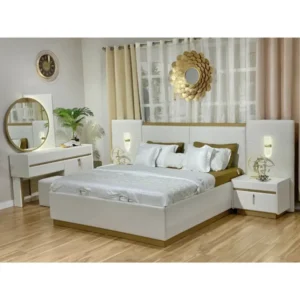 Luxury Turkish Style Fabric Bed with Integrated Headboard Lighting and Gold Accents - Image 3