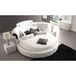 Luxury White Leather-Style Round Bed with Tufted Curved Headboard - Image 1