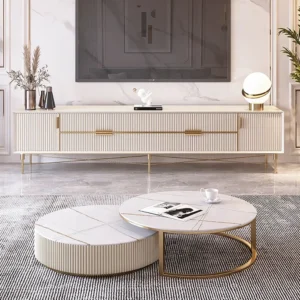 Turkish White and Gold Fluted LCD Floor Unit with Marble Accents - Image 3