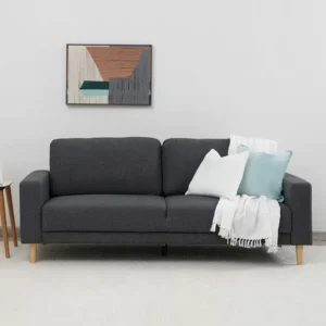 Mid-Century Modern Charcoal Grey Fabric Sofa with Natural Wood Legs - Image 1