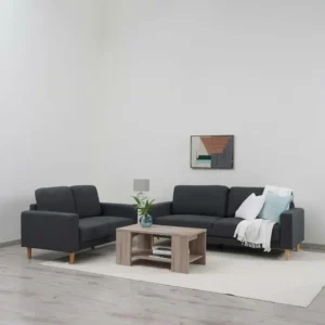 Mid-Century Modern Charcoal Grey Fabric Sofa with Natural Wood Legs - Image 2