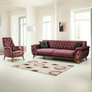 Deep Maroon Velvet Tufted Sofa with Curved Sculptural Wooden Base - Image 1