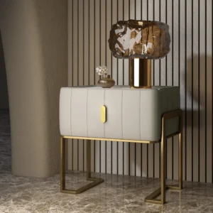 High-End Upholstered Side Table with Gold Sled Base and Stone Top - Image 1