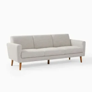 Mid-Century Modern White Jute Fabric Sofa with Natural Brown Wooden Tapered Legs - Image 1