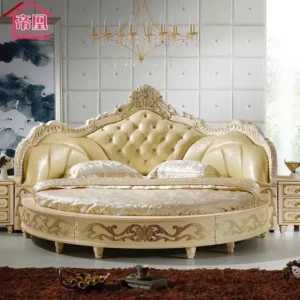 Royal Cream Leather Rite Round Bed with Ornate Carved Headboard - Image 1