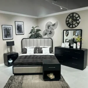 Contemporary Black and Grey Deco Bed with Vertical Tufted Headboard - Image 1
