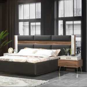 Modern Turkish Style Fabric Bed with Integrated Wood Slat Headboard and Nightstands - Image 1