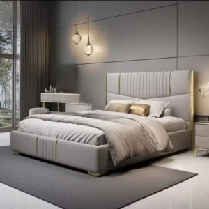 Turkish Style Grey Fabric Upholstered Bed with Gold Trim - Image 1