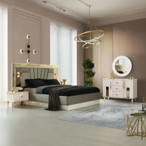 Luxury Turkish Style Fabric Bed in Grey and White with Half Deco Gold Accents - Image 1