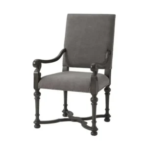 Classic Grey Velvet Bedroom Chair with Ornate Black Carved Legs - Image 1