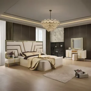 Royal Turkish White Leather Rite Bed with Gold Geometric Headboard - Image 1