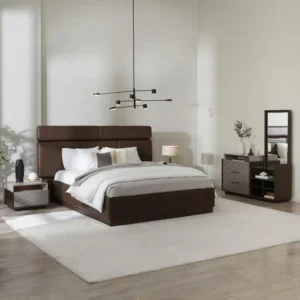 Modern Dark Brown Half Deco Fabric Bed with Slat Detail - Image 1