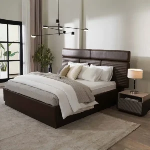 Modern Dark Brown Half Deco Fabric Bed with Slat Detail - Image 2