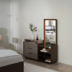 Modern Dark Brown Half Deco Fabric Bed with Slat Detail - Image 3