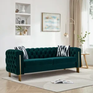Luxury Emerald Green Velvet Chesterfield Sofa with Gold Tapered Legs - Image 1