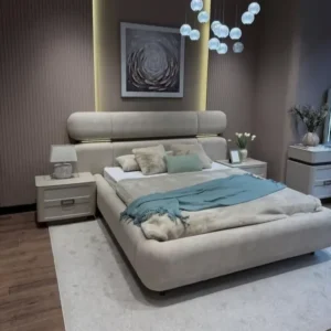 Luxury White Velvet Upholstered Platform Bed with Integrated Backlighting and Fluted Wall Panel - Image 1