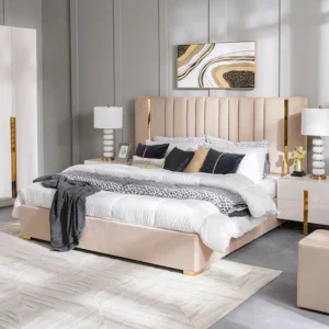 Beige Velvet Vertical Tufted Bed with Gold Trim and Marble Accents - Image 1