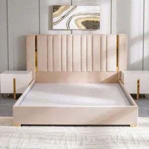 Beige Velvet Vertical Tufted Bed with Gold Trim and Marble Accents - Image 3