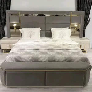 Turkish Luxury Grey Velvet Bed with Gold Trim and Storage Bench - Image 1