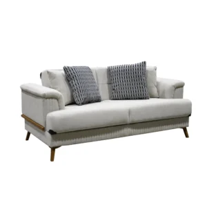 Modern Off-White Velvet Sofa with Walnut Wood Accents - Image 3