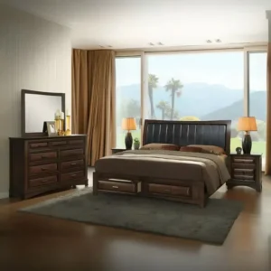 Executive Dark Brown Leatherette Bed with Paneled Headboard - Image 1
