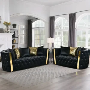 Luxury Turkish Style Black Velvet Chesterfield Sofa Set with Gold Chrome Accents - Image 1