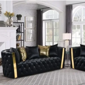 Luxury Turkish Style Black Velvet Chesterfield Sofa Set with Gold Chrome Accents - Image 2