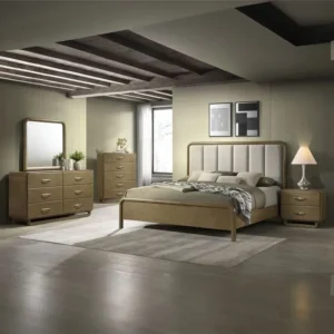 Modern Light Brown Wood Bedroom Set with Leatherette Padded Headboard - Image 1