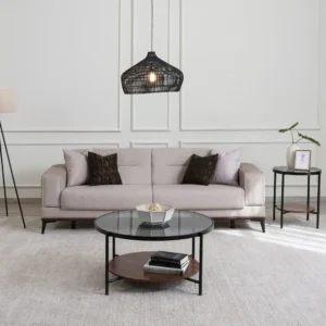 Minimalist Grey Fabric Sofa with Low Profile and Dark Wood Base - Image 1