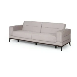 Minimalist Grey Fabric Sofa with Low Profile and Dark Wood Base - Image 2