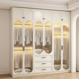 Modern White Arched Wardrobe with Ribbed Glass Doors - Image 1