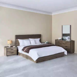 Contemporary Dark Brown Laminated Bed with Padded Leatherette Headboard - Image 1