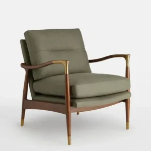 Mid-Century Modern Green Jute Armchair with Sculpted Walnut Frame - Image 1