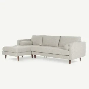 Minimalist L-Shaped Sectional Sofa in White Jute Fabric with Tapered Wood Legs - Image 1