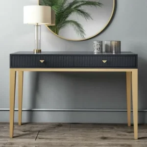 Modern Fluted Black Console Table with Gold Frame and Dual Drawers - Image 1