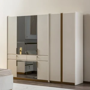 Turkish Style 6-Door Wardrobe in White and Dark Brown with Full Length Mirror Panels - Image 1