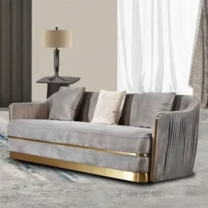 Turkish Style Luxury Grey Velvet Sofa with Gold Base Trim - Image 1