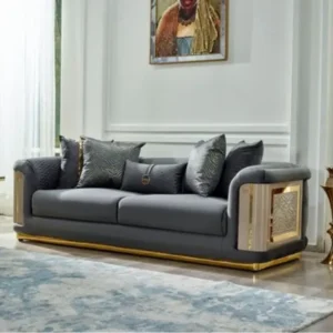 Luxury Grey Velvet Sofa with Decorative Gold Side Panels - Image 1