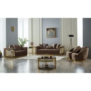 Luxury Grey Velvet Sofa with Decorative Gold Side Panels - Image 2