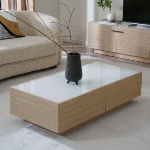 Scandi-Style Natural Wood Center Table with White Glass Top and Slatted Detail - Image 1