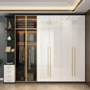 High-Gloss Modern Wardrobe with Glass Display and Gold Hardware - Image 1