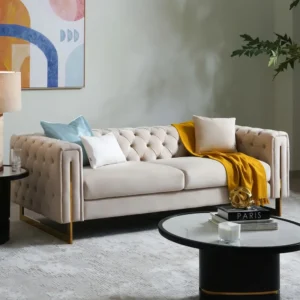 Luxury Velvet Tufted Sofa with Gold Accent Legs and Plush Cushions - Image 2