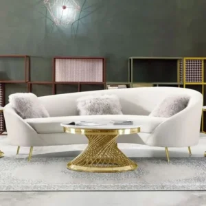 Modern Curved White Velvet Sofa with Spiral Gold Pedestal Base - Image 1