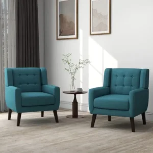 Teal Blue Tufted Fabric Bedroom Armchairs with Dark Brown Legs - Image 1