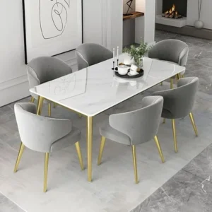 Marble Majesty Gold-Legged Dining Table with Grey Velvet Chairs - Image 1