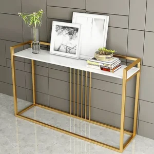Turkish Style White Marble and Gold Console Table with Linear Accents - Image 1