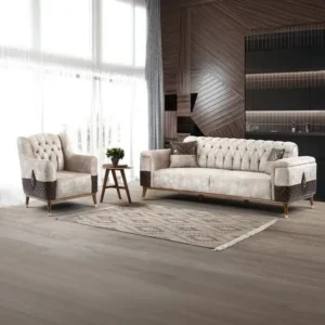 Royal Turkish Style Tufted Sofa Set with Dark Brown Quilted Fabric Accents - Image 1