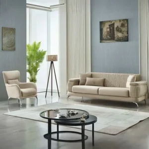 Elegant Turkish Style Beige Velvet Sofa with Silver Accents and Pleated Arms - Image 1