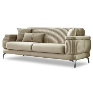 Elegant Turkish Style Beige Velvet Sofa with Silver Accents and Pleated Arms - Image 2